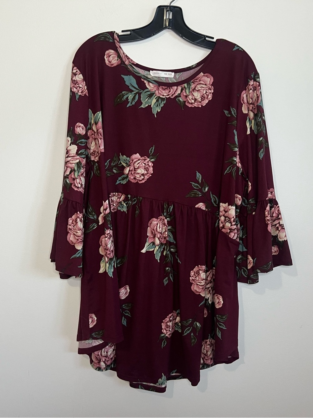 Reborn J Burgundy Floral Bell-Sleeve Tunic